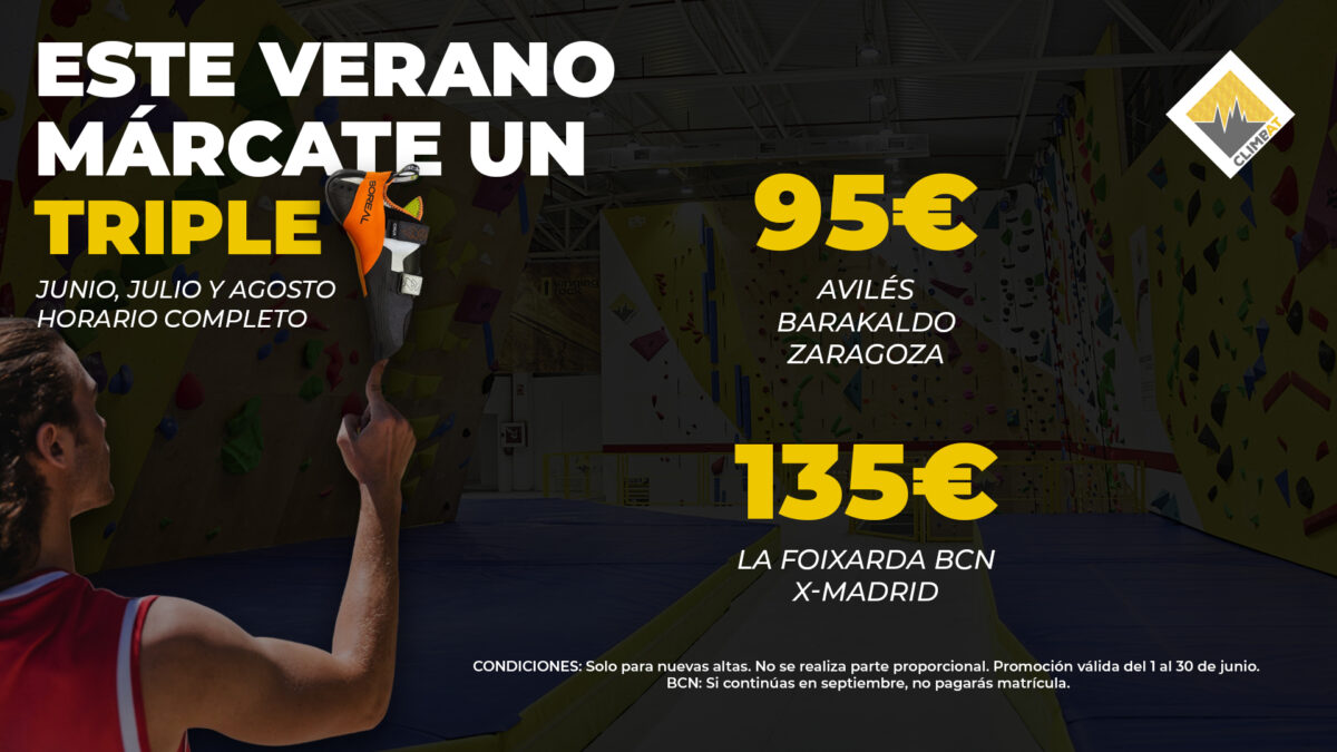Promoción de verano Climbat 2025: precios especiales 95€ en Avilés, Barakaldo y Zaragoza, 135€ en La Foixarda BCN y X-Madrid. Imagen de mano escalando con presa naranja sobre fondo de rocódromo