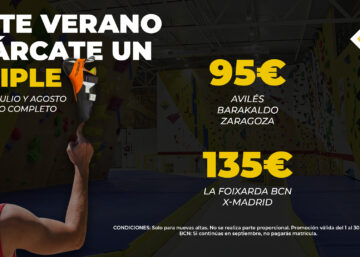Promoción de verano Climbat 2025: precios especiales 95€ en Avilés, Barakaldo y Zaragoza, 135€ en La Foixarda BCN y X-Madrid. Imagen de mano escalando con presa naranja sobre fondo de rocódromo
