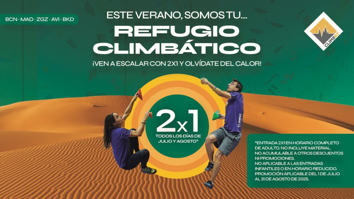 Promoción 2x1 en entradas de adulto en Climbat verano 2025. Refugio Climbático con rocódromos climatizados.
