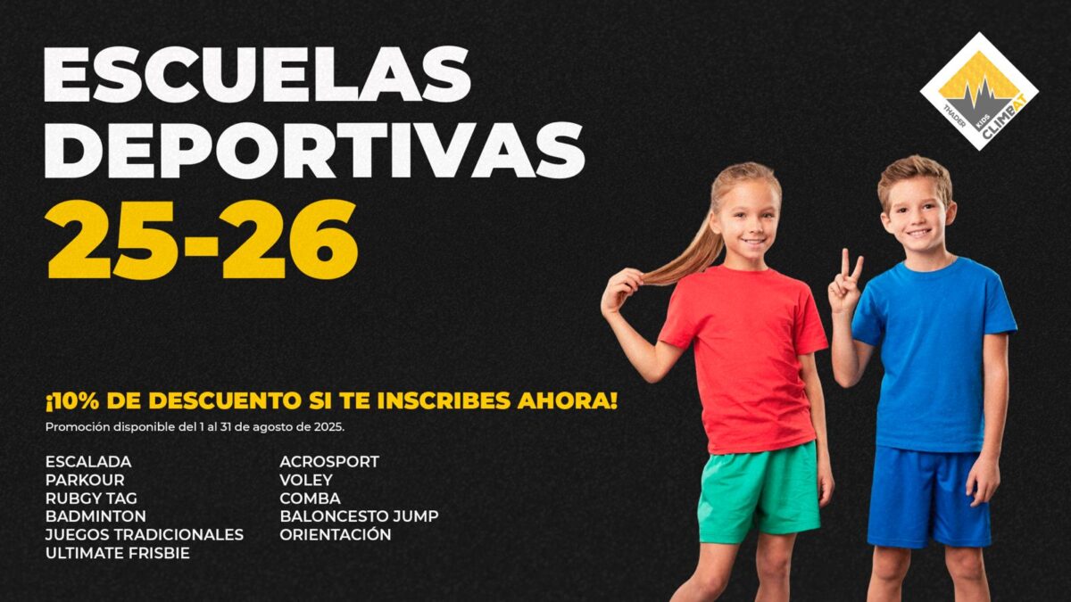 Cartel promocional de las escuelas deportivas Climbat Kids Thader con un niño y una niña vestidos con ropa deportiva. El cartel anuncia un 10% de descuento en inscripciones durante el mes de agosto.