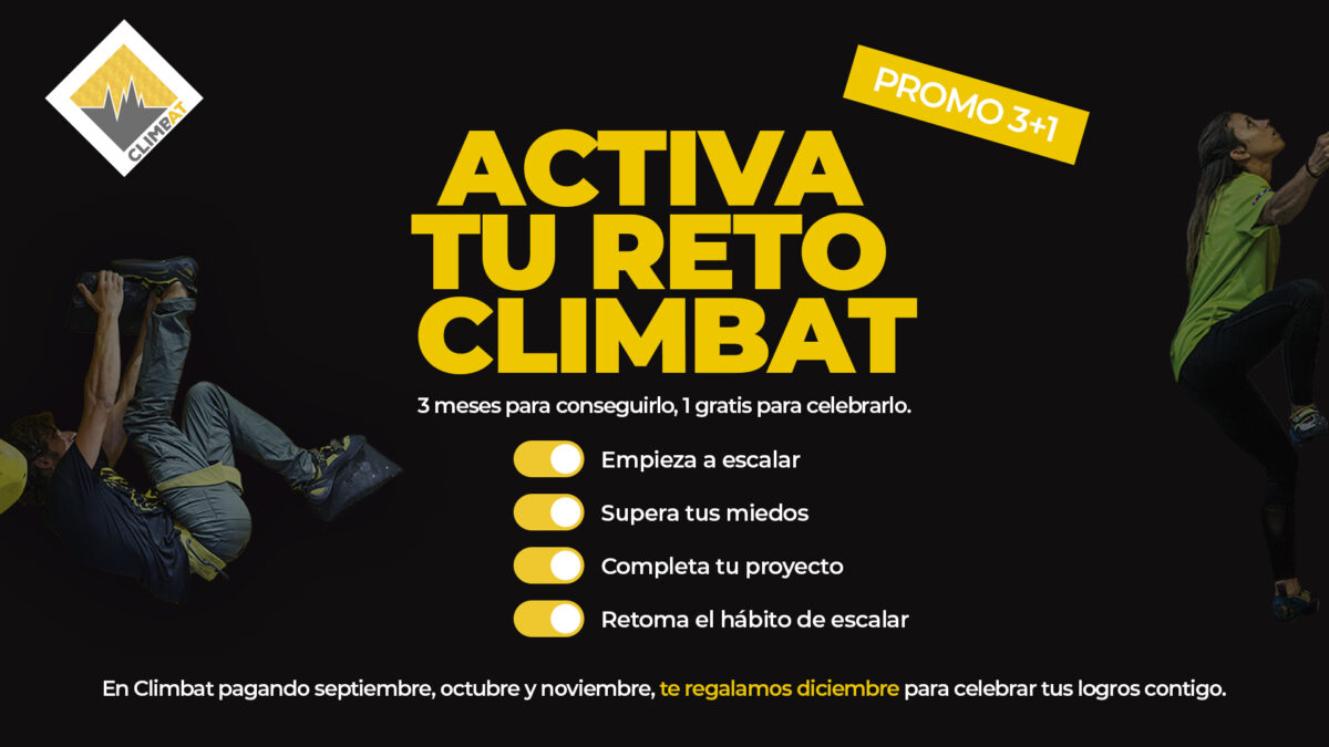 Imagen promocional de Climbat con el texto "Activa tu reto Climbat" y una oferta especial.