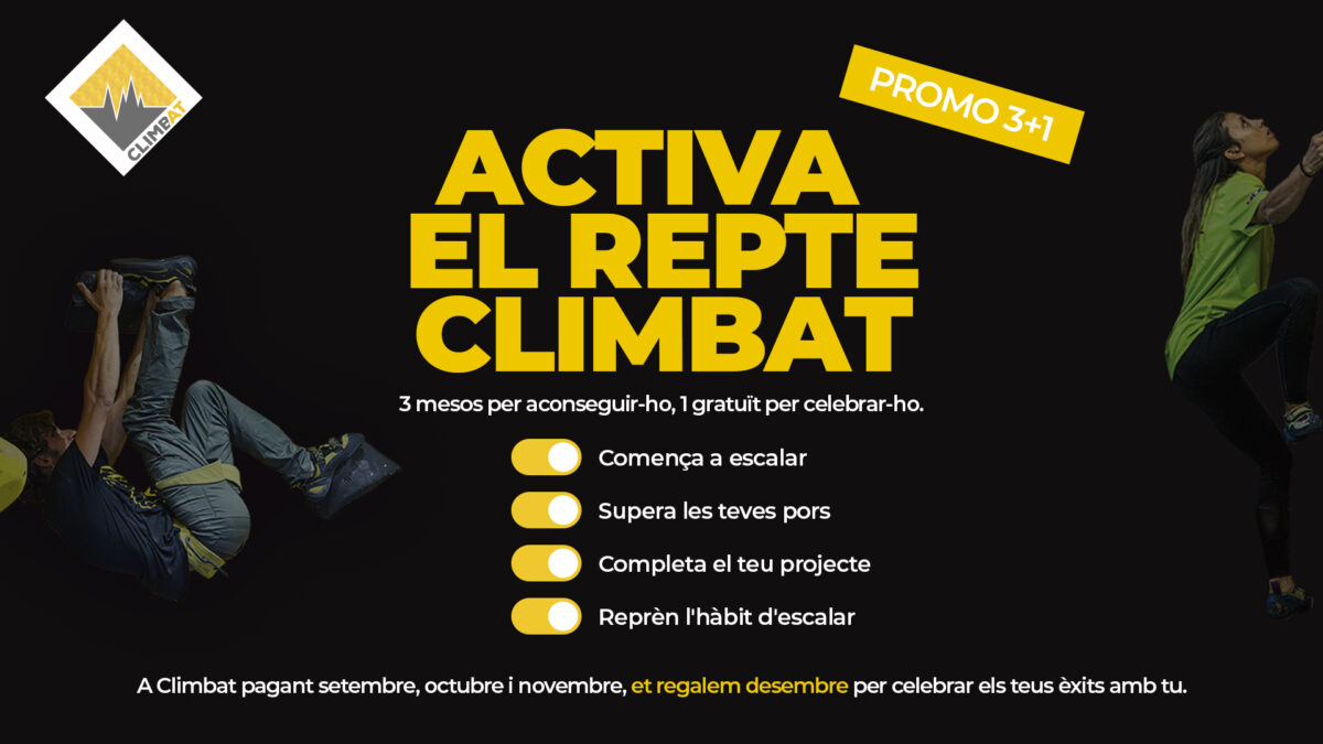 Imatge promocional de Climbat amb el text "Activa el teu repte Climbat" i una oferta especial.