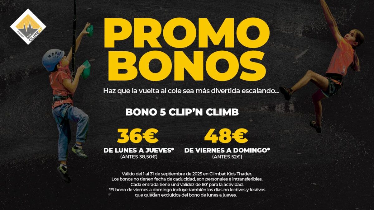 Promoción Bono 5 Clip’n Climb en Climbat Kids Thader: escalada infantil con descuento en septiembre.