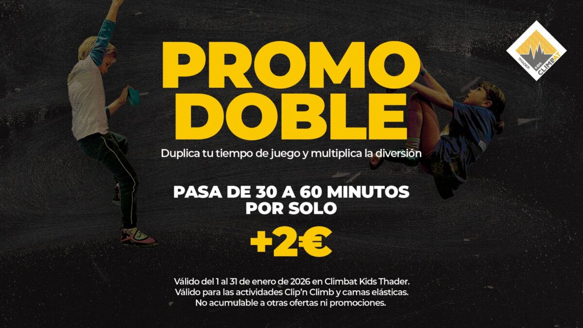 Promoción Climbat Kids Thader para ampliar de 30 a 60 minutos las actividades Clip’n Climb y camas elásticas por solo 2 euros.