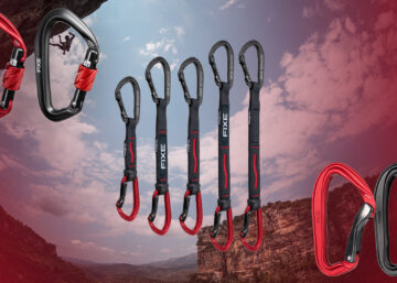 Imagen promocional de la línea Picot de FIXE con mosquetones y cintas express en un entorno de escalada en montaña.