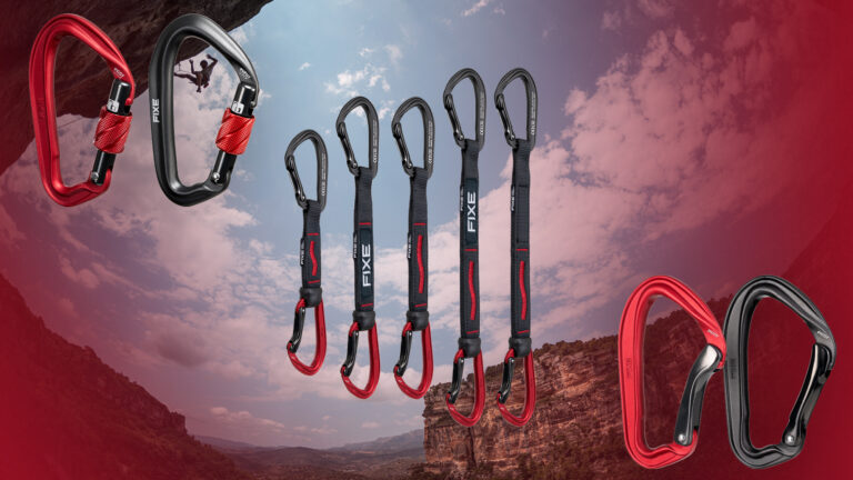 Imagen promocional de la línea Picot de FIXE con mosquetones y cintas express en un entorno de escalada en montaña.