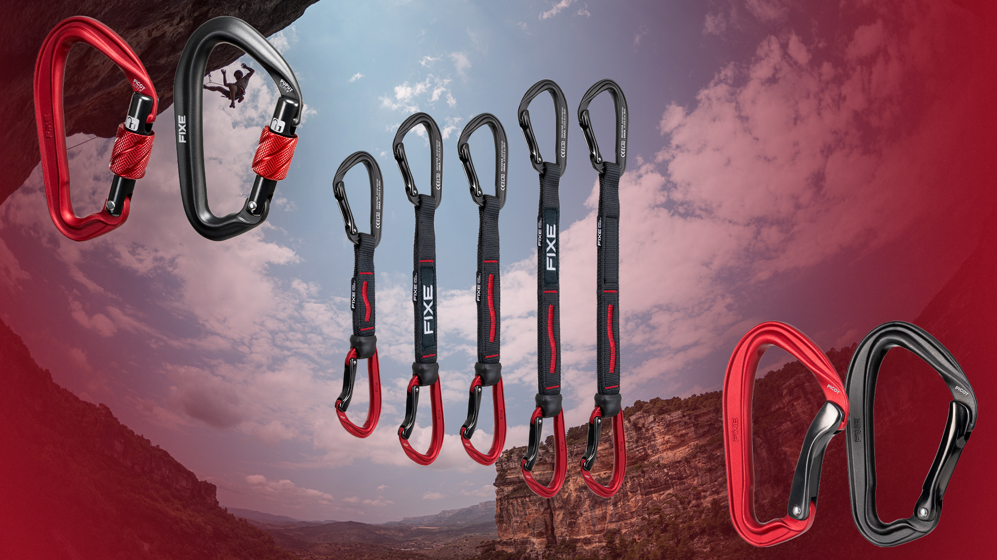 Imagen promocional de la línea Picot de FIXE con mosquetones y cintas express en un entorno de escalada en montaña.