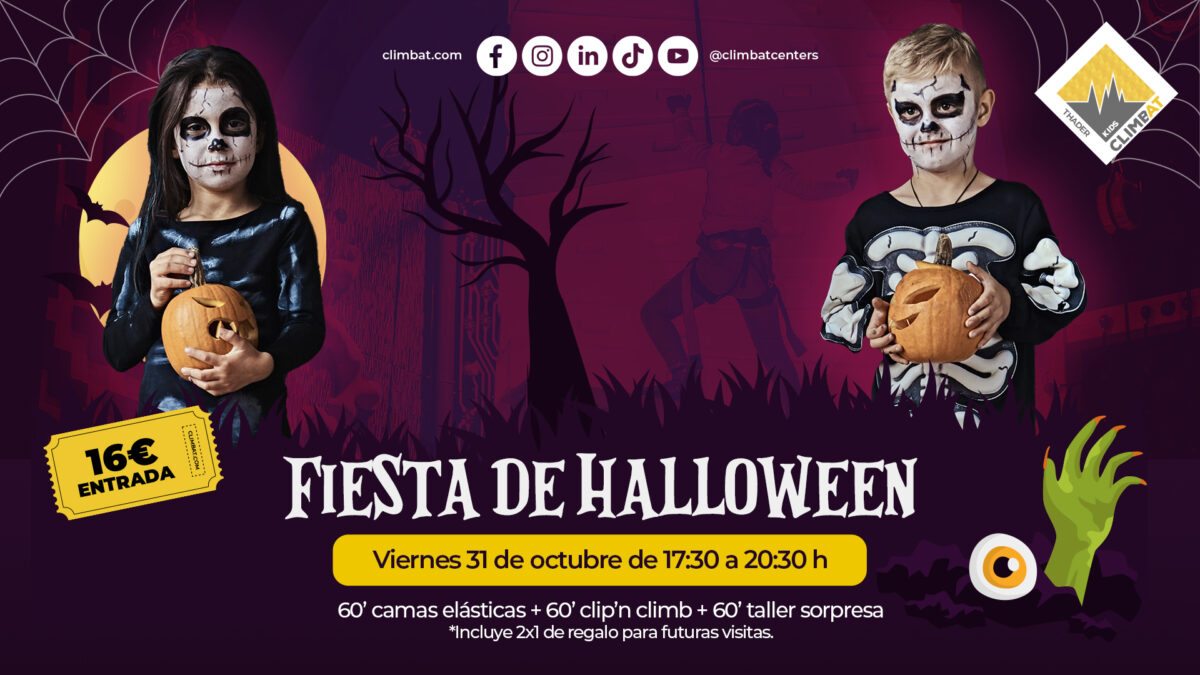 Cartel promocional de la Fiesta de Halloween en Climbat Kids Thader con actividades infantiles el 31 de octubre