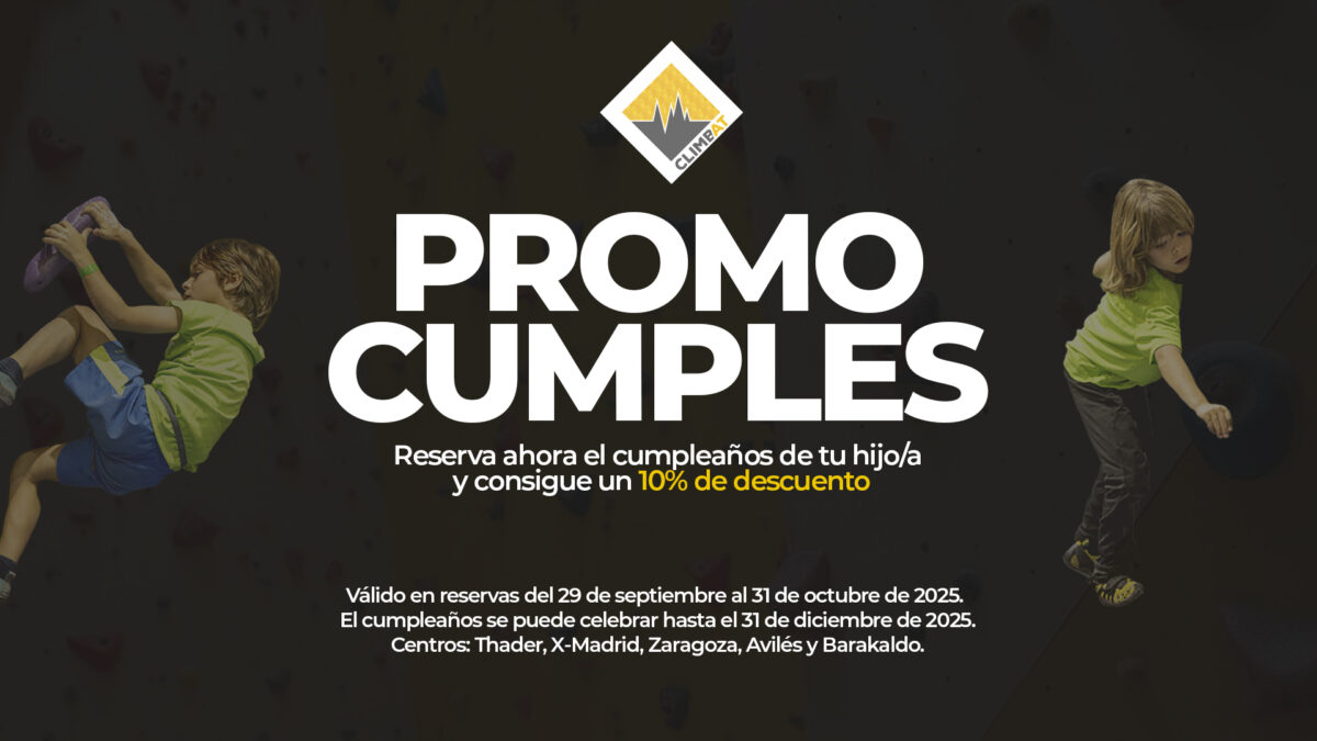 Niños escalando en un muro de escalada con texto promocional sobre cumpleaños.