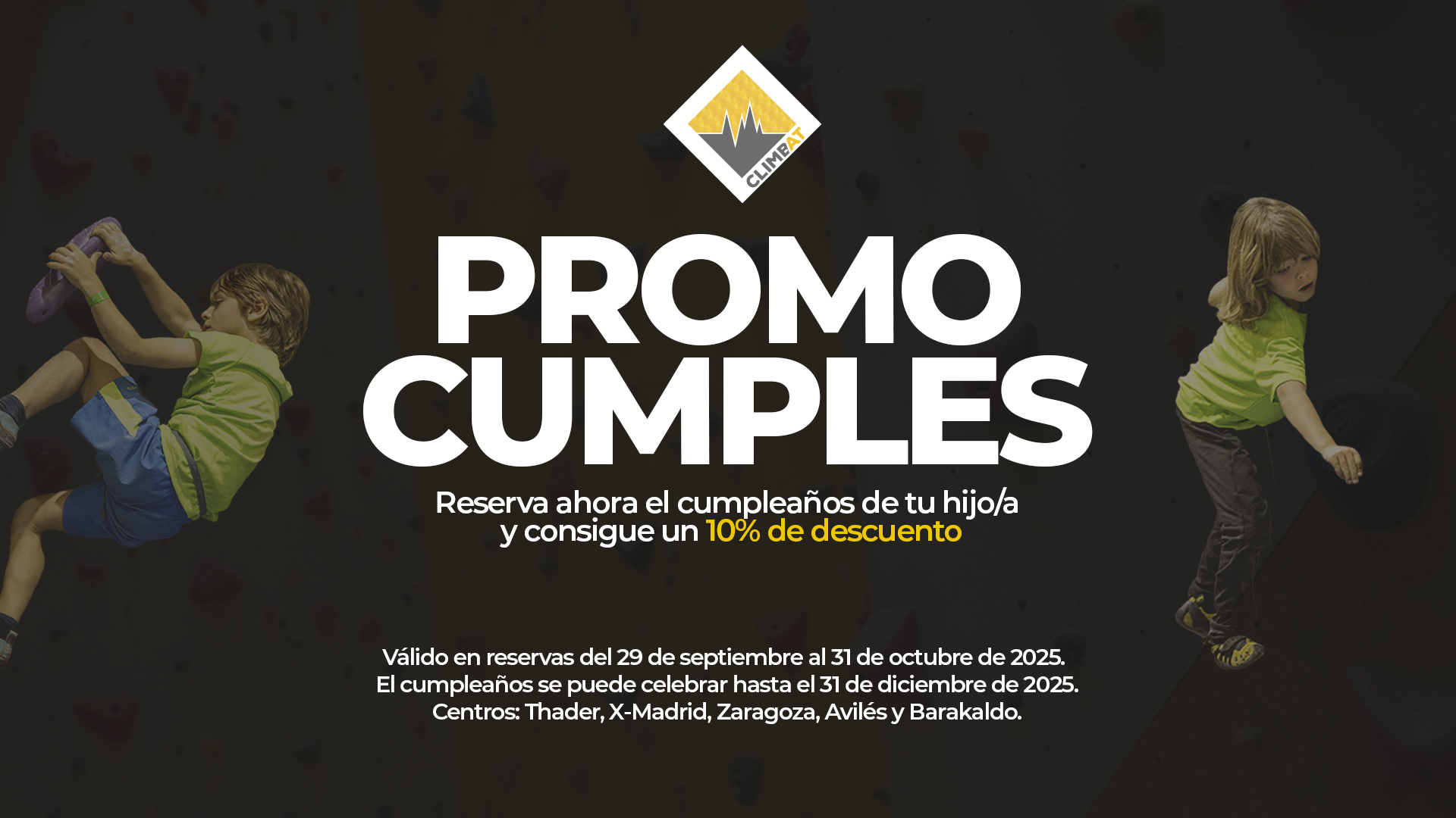 Niños escalando en un muro de escalada con texto promocional sobre cumpleaños.
