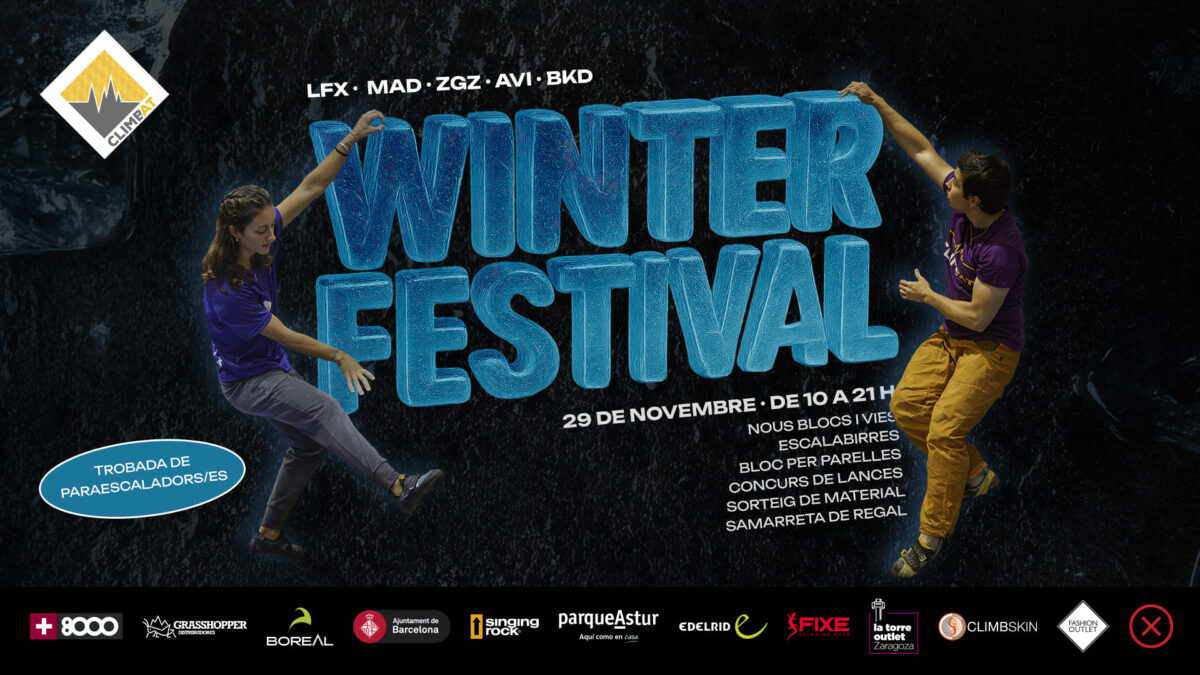 Cartell promocional del Winter Festival de Climbat 2025, amb informació sobre activitats d'escalada, data, horari i centres participants.