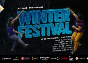 Cartell promocional del Winter Festival de Climbat 2025, amb informació sobre activitats d'escalada, data, horari i centres participants.
