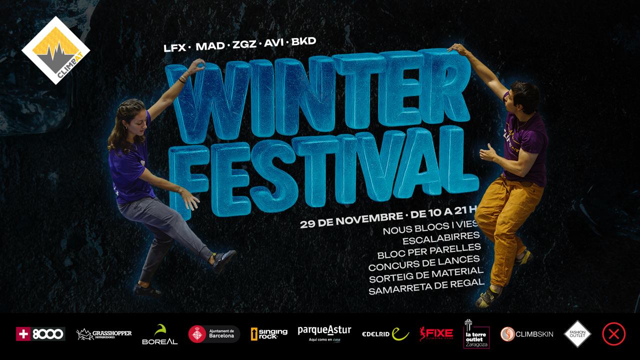 Cartell promocional del Winter Festival de Climbat 2025, amb informació sobre activitats d'escalada, data, horari i centres participants.