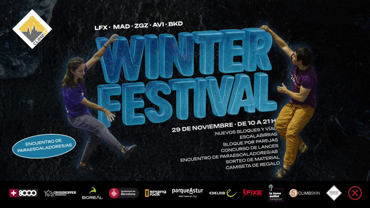 Dos personas escalando en un muro de escalada con el texto "Winter Festival" en grand