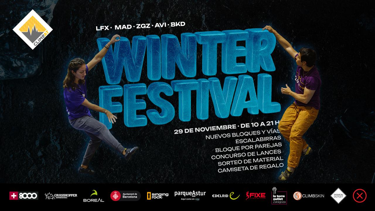 Dos personas escalando en un muro de escalada con el texto "Winter Festival" en grand