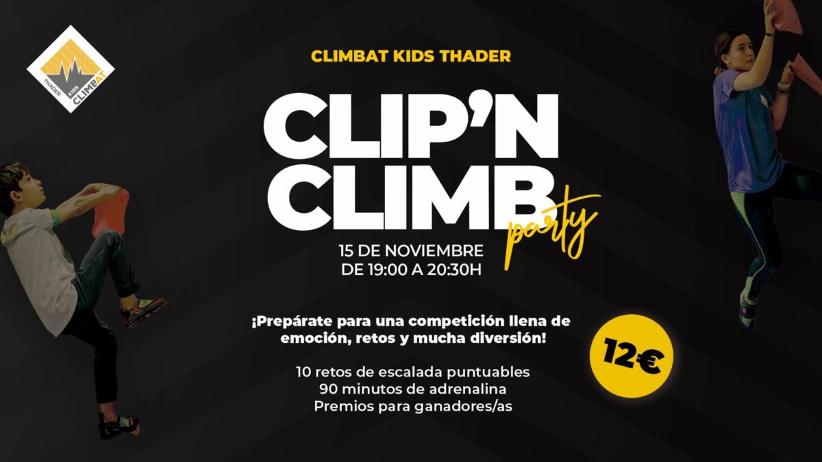 Cartel promocional del evento infantil de escalada "Clip'n Climb Party" en Climbat Kids Thader.