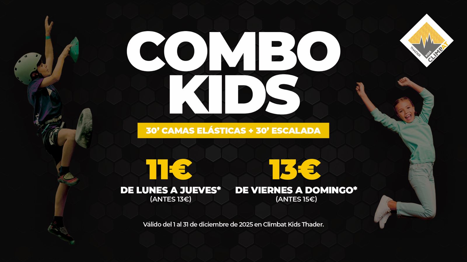 Promoción Combo Kids en Climbat Kids Thader con escalada y camas elásticas para niños en diciembre de 2025