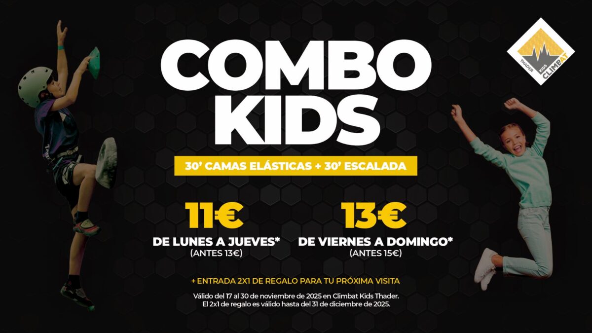 Promoción Combo Kids en Climbat Kids Thader: 30 minutos de camas elásticas y 30 minutos de escalada con precios especiales y entrada 2x1 de regalo.
