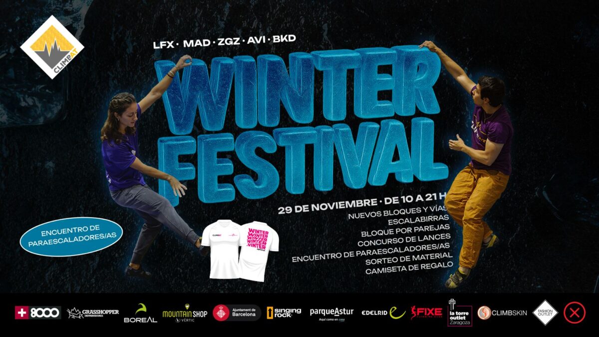 Cartell promocional del Winter Festival de Climbat 2025, amb informació sobre activitats d'escalada, data, horari i centres participants.