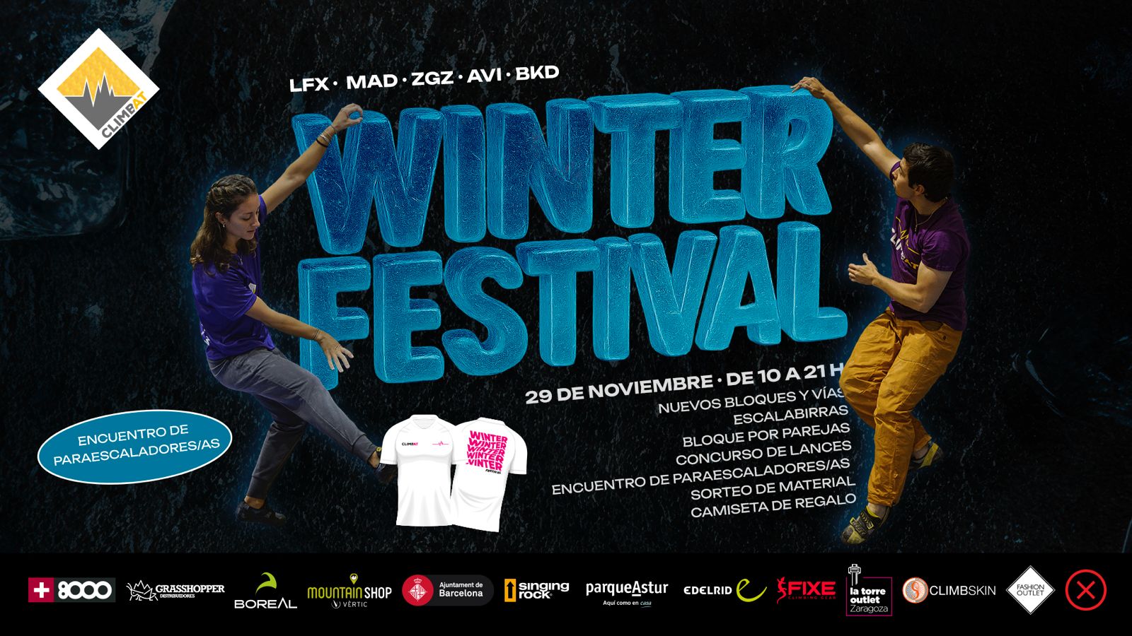 Cartell promocional del Winter Festival de Climbat 2025, amb informació sobre activitats d'escalada, data, horari i centres participants.