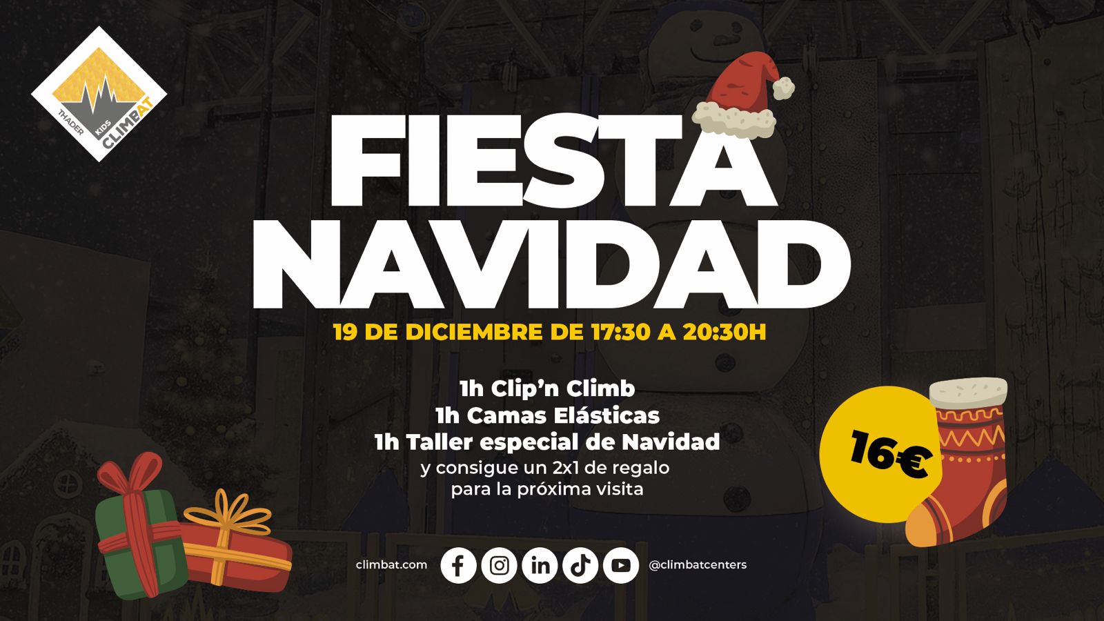 Cartel promocional de la Fiesta de Navidad en Climbat con actividades infantiles de escalada, camas elásticas y taller navideño.