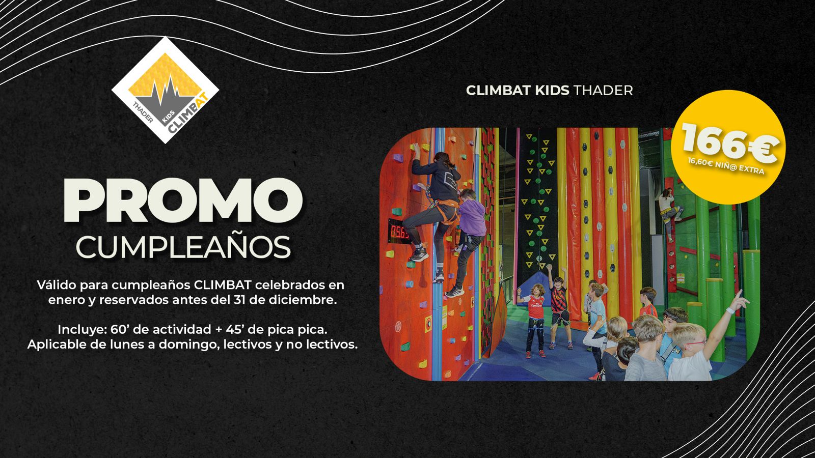 Promo de cumpleaños infantiles en Climbat Kids Thader con actividades de escalada