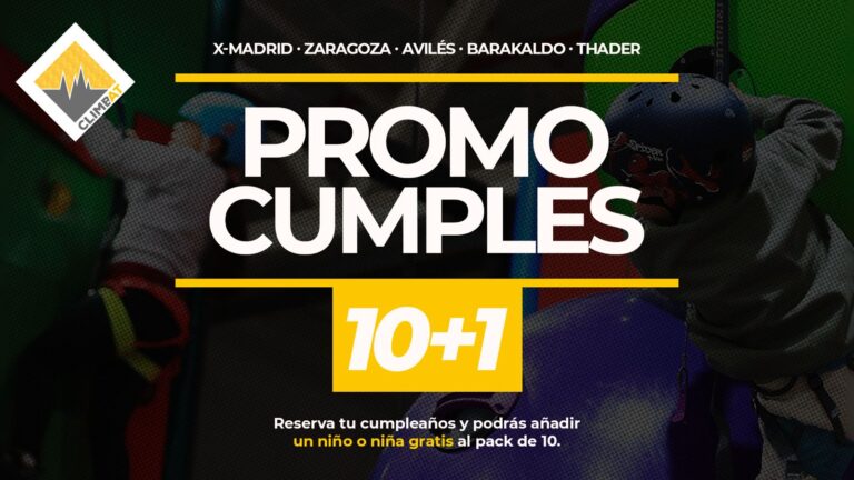 Promoción de cumpleaños Climbat con oferta 10+1 para niños en centros de escalada.