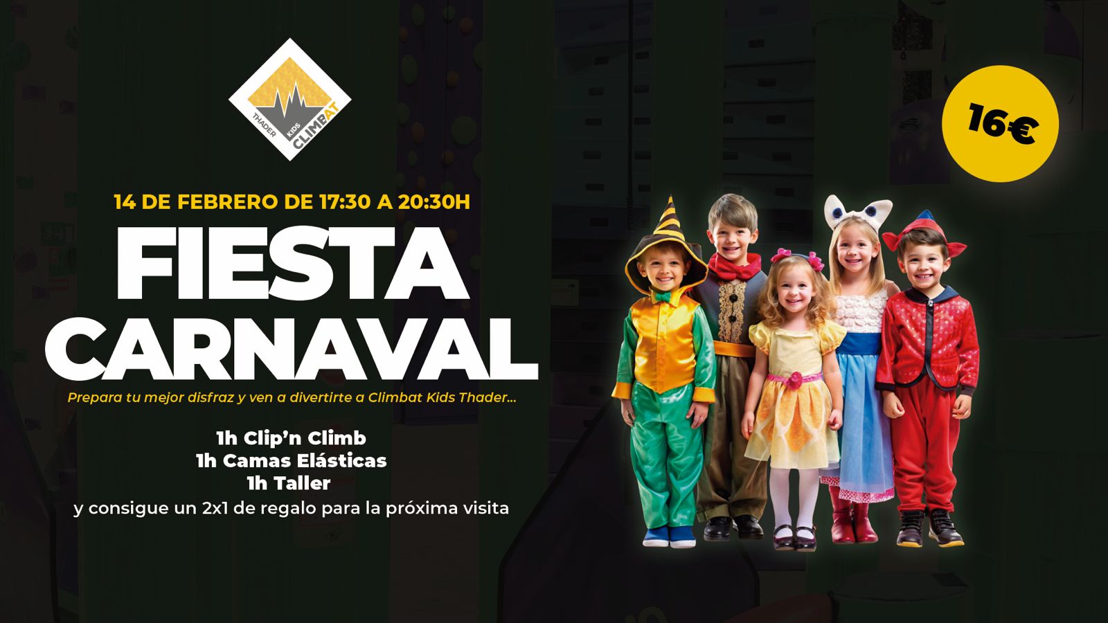 Fiesta de Carnaval infantil en Climbat Kids Thader con niños disfrazados y actividades de escalada