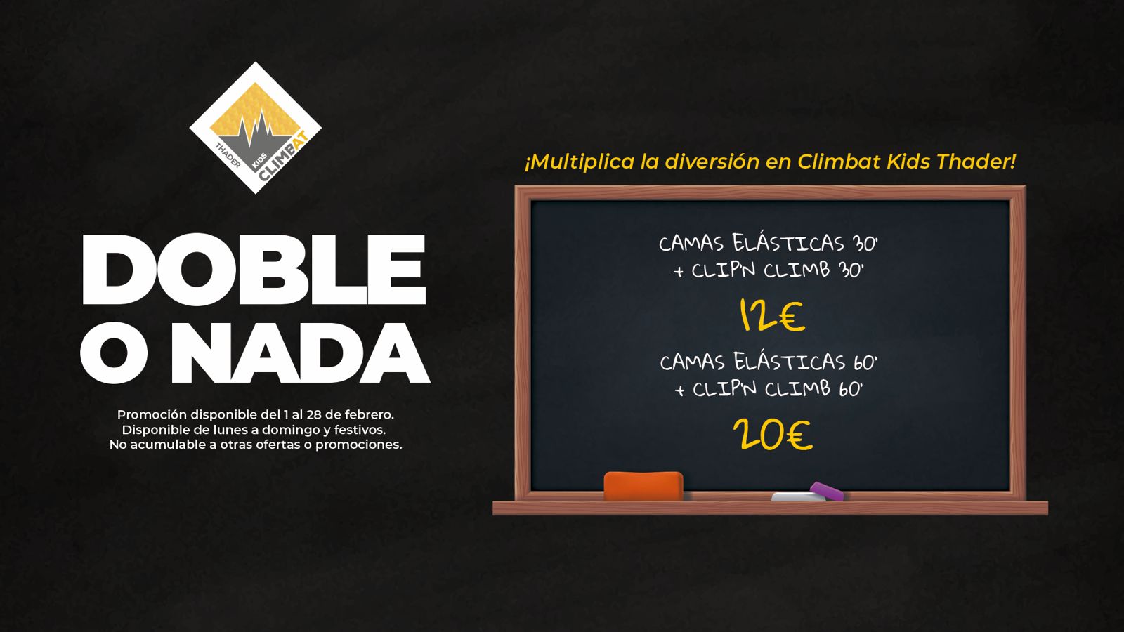 romoción Doble o Nada en Climbat Kids Thader con camas elásticas y Clip’n Climb para niños
