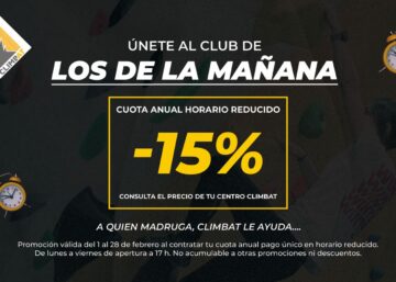 Promoción Climbat con 15% de descuento en la cuota anual de escalada en horario reducido para escaladores madrugadores.