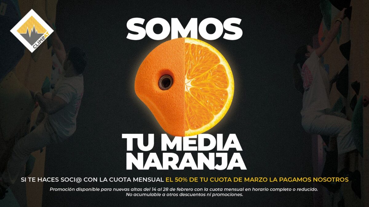 Promoción Climbat San Valentín con agarre de escalada y media naranja, descuento del 50% en la cuota de marzo.