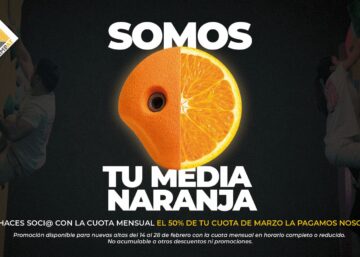 Promoción Climbat San Valentín con agarre de escalada y media naranja, descuento del 50% en la cuota de marzo.