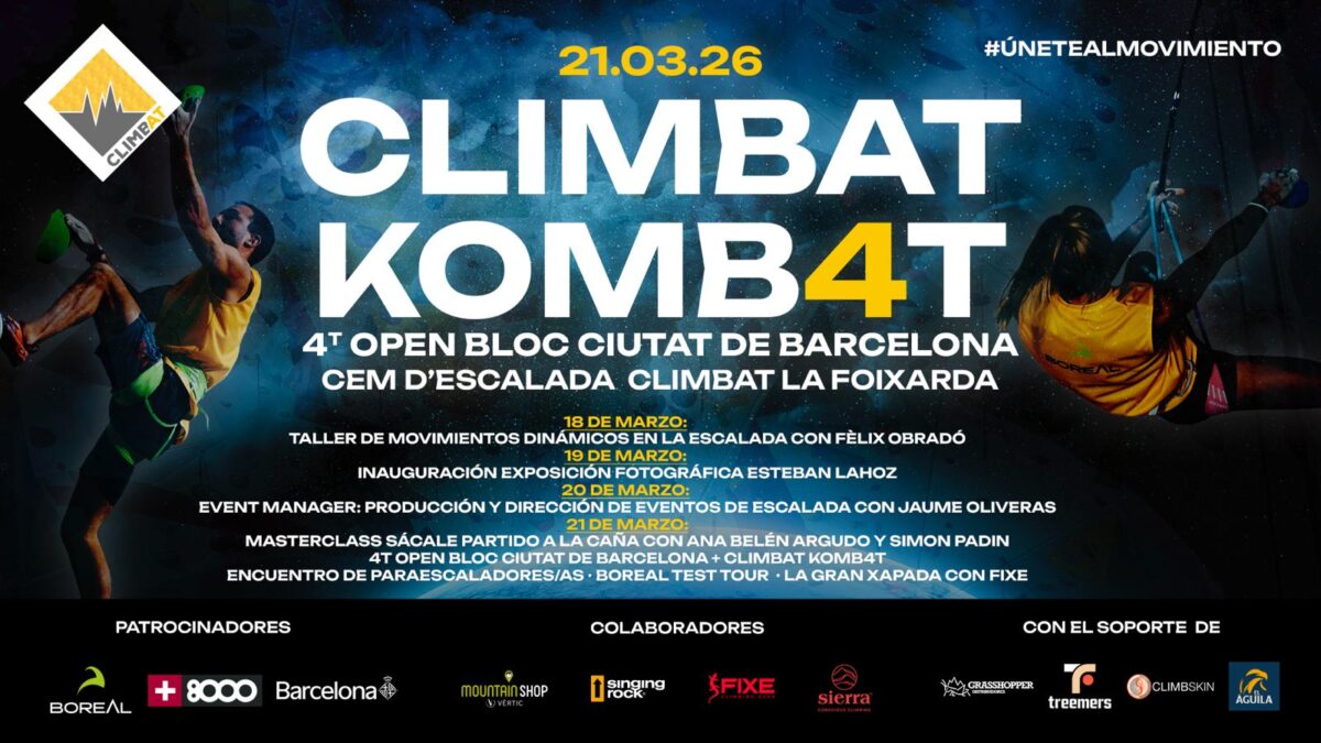 Cartel del Climbat Komb4t 2026, 4º Open Bloc Ciutat de Barcelona en el CEM d’Escalada Climbat La Foixarda.