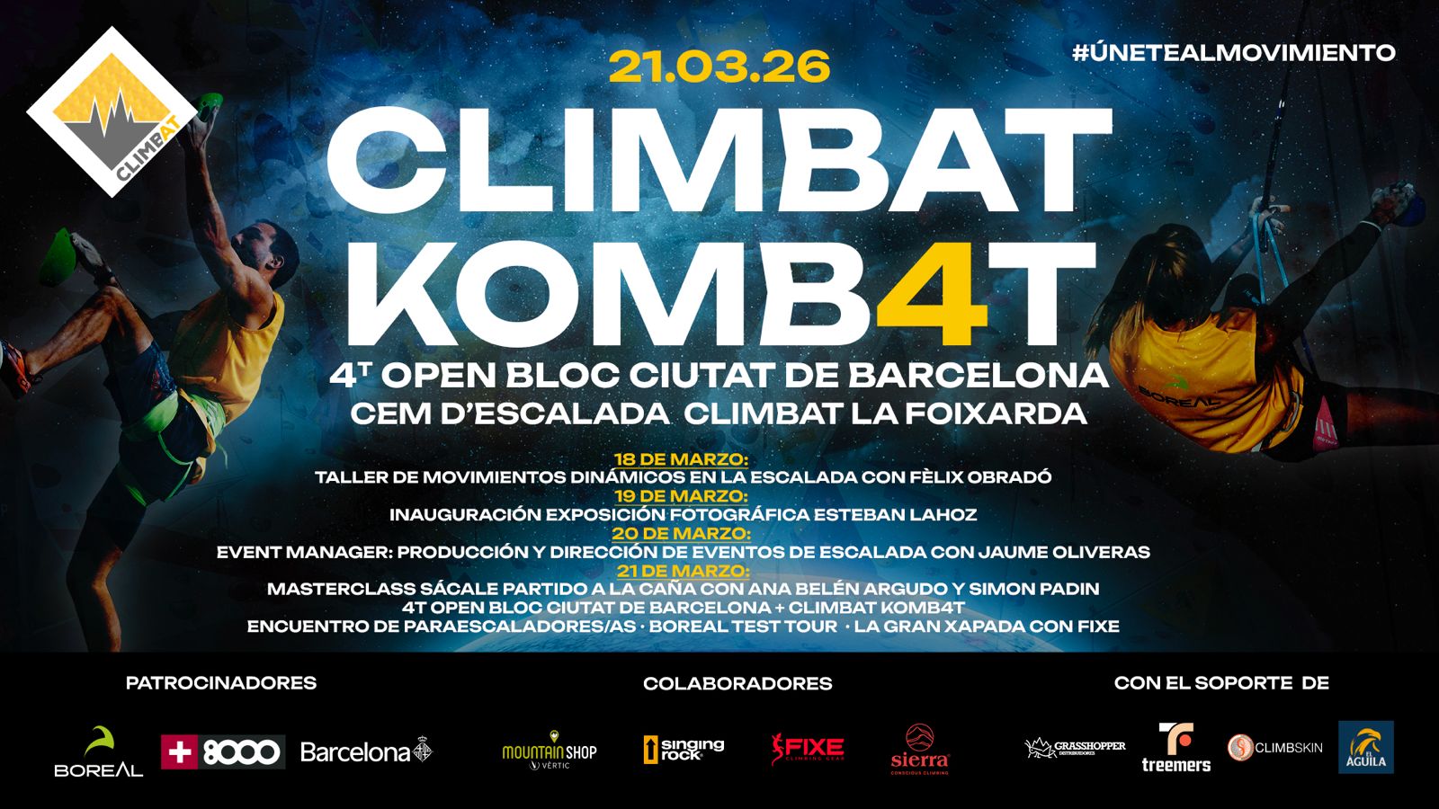 Cartel del Climbat Komb4t 2026, 4º Open Bloc Ciutat de Barcelona en el CEM d’Escalada Climbat La Foixarda.