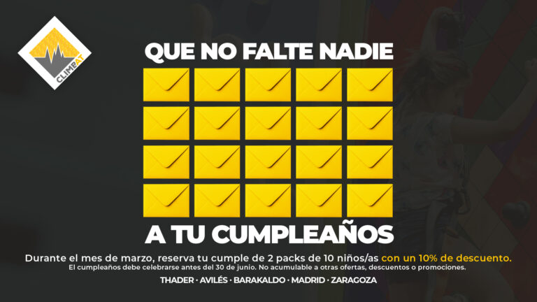 Promoción de cumpleaños infantiles en rocódromos Climbat con 10% de descuento en packs de 10 niños durante el mes de marzo.
