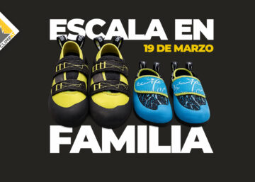 Zapatillas de escalada para adulto y niño con mensaje “Escala en familia 19 de marzo” en Climbat por el Día del Padre.