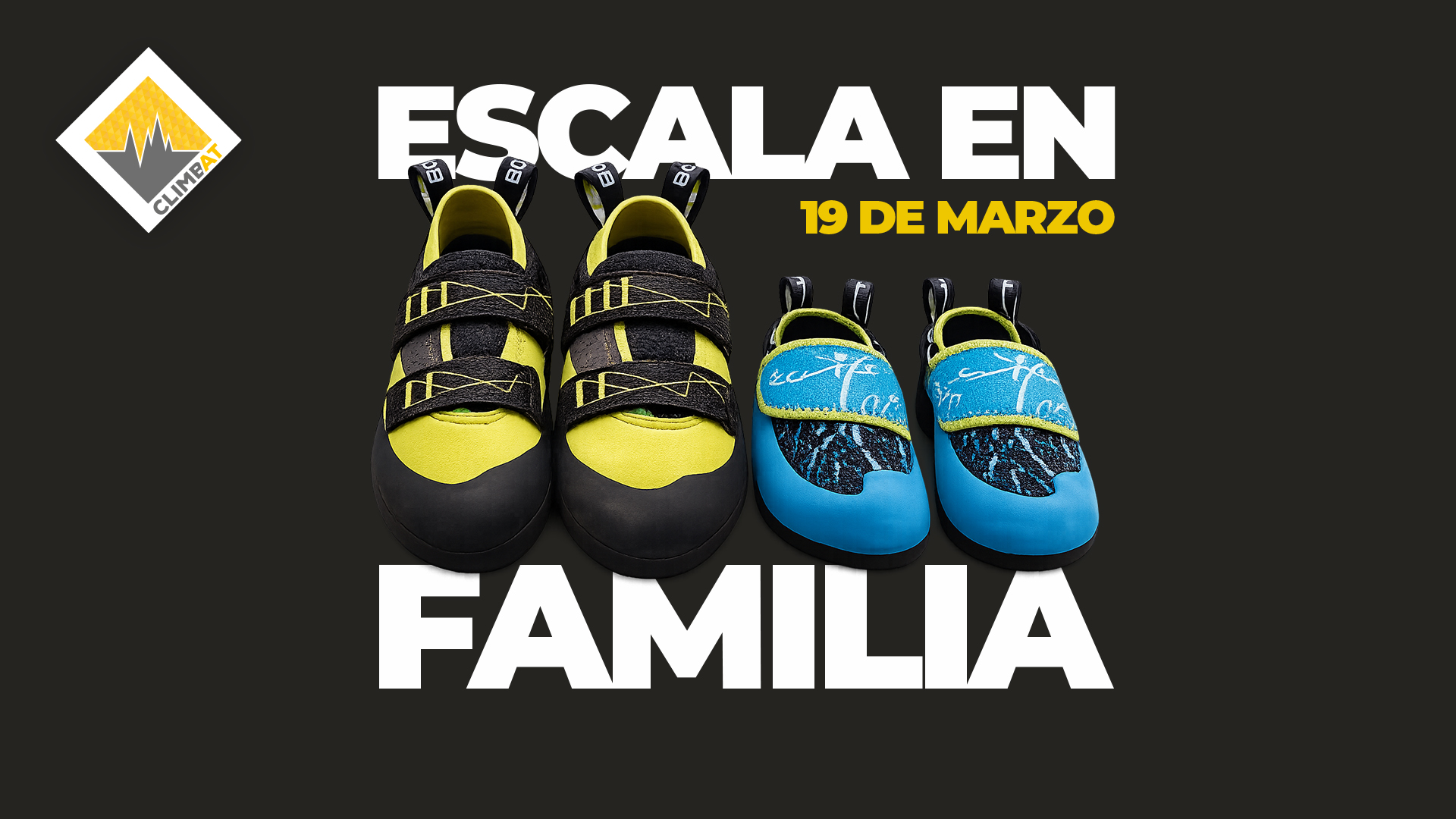 Zapatillas de escalada para adulto y niño con mensaje “Escala en familia 19 de marzo” en Climbat por el Día del Padre.