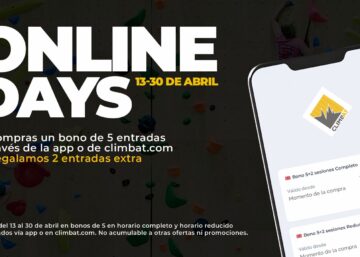 Promoción Online Days Climbat 2026 con bono de 5 sesiones online y 2 entradas extra en los rocódromos de la marca.