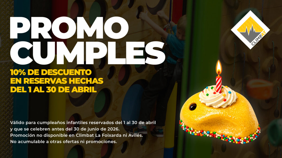 Promoción de cumpleaños Climbat con descuento y actividades personalizables