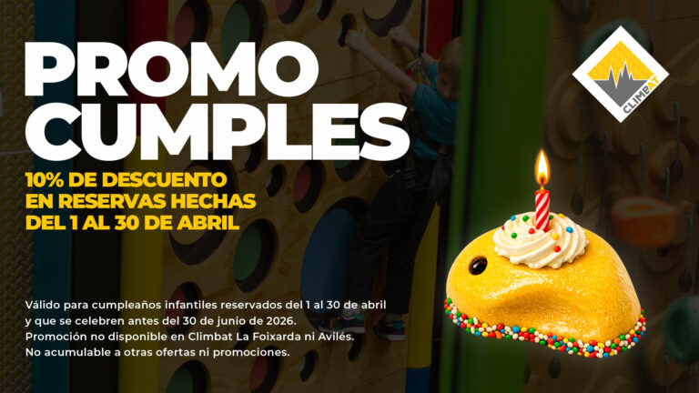 Promoción de cumpleaños Climbat con descuento y actividades personalizables