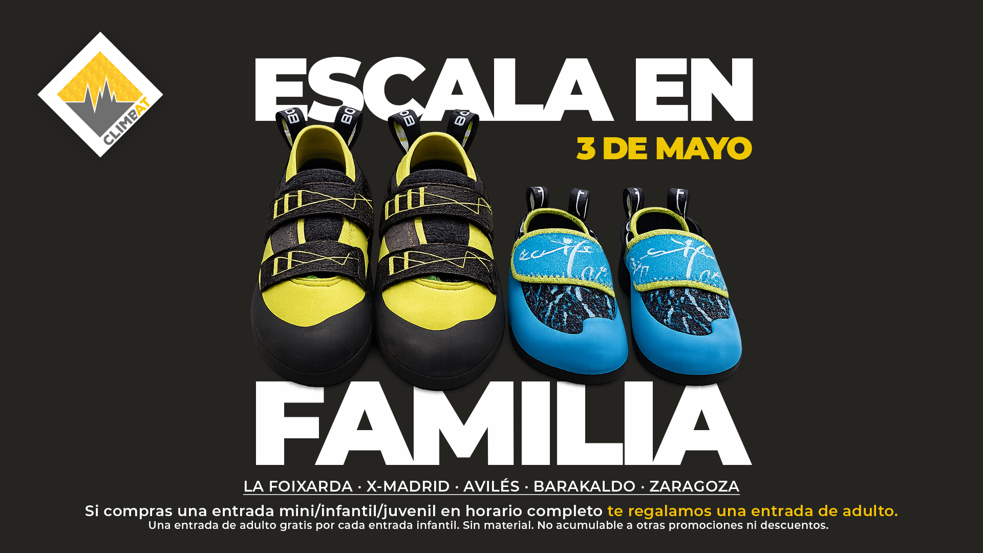 Zapatillas de escalada Climbat promocionando oferta especial del Día de la Madre con entrada gratis para adulto