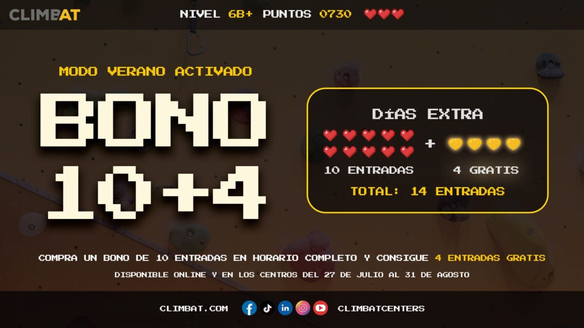 Promoción Bono 10+4 de Climbat con 4 entradas gratis durante el mes de agosto.