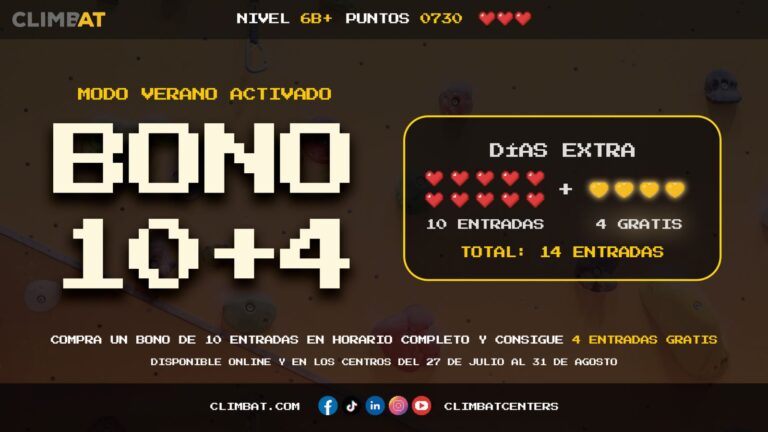Promoción Bono 10+4 de Climbat con 4 entradas gratis durante el mes de agosto.