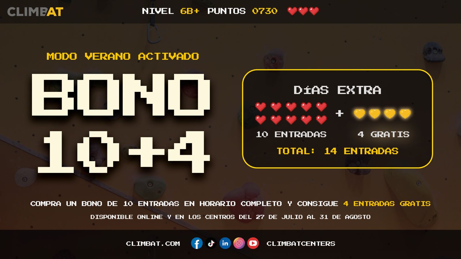 Promoción Bono 10+4 de Climbat con 4 entradas gratis durante el mes de agosto.