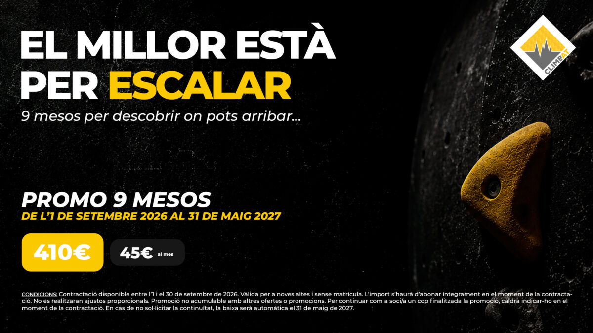 Cartell de la Promo 9 mesos de Climbat La Foixarda, amb accés d'escalada per 410 €.