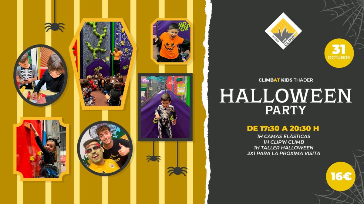 Cartel de la Halloween Party de Climbat Kids Thader del 31 de octubre con actividades infantiles.